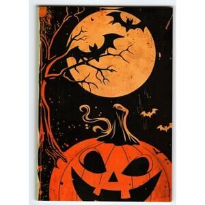 Vintage Halloween Photochrome Postcard Jack-o'-Lantern & Bats Full Moon